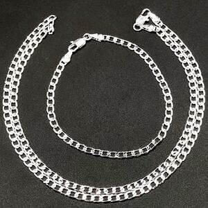 925 Sterling Silver Plated 4mm Cuban Necklace Bracelet Set Christmas Gift NEW!